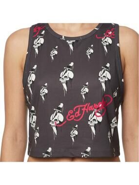Ed Hardy Gray White Skull Knife Logo Cropped Tank Top size L NEW Tags Racerback